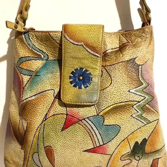 Handmade painted multicolor leather shoulder bag - Picture 4 of 9
